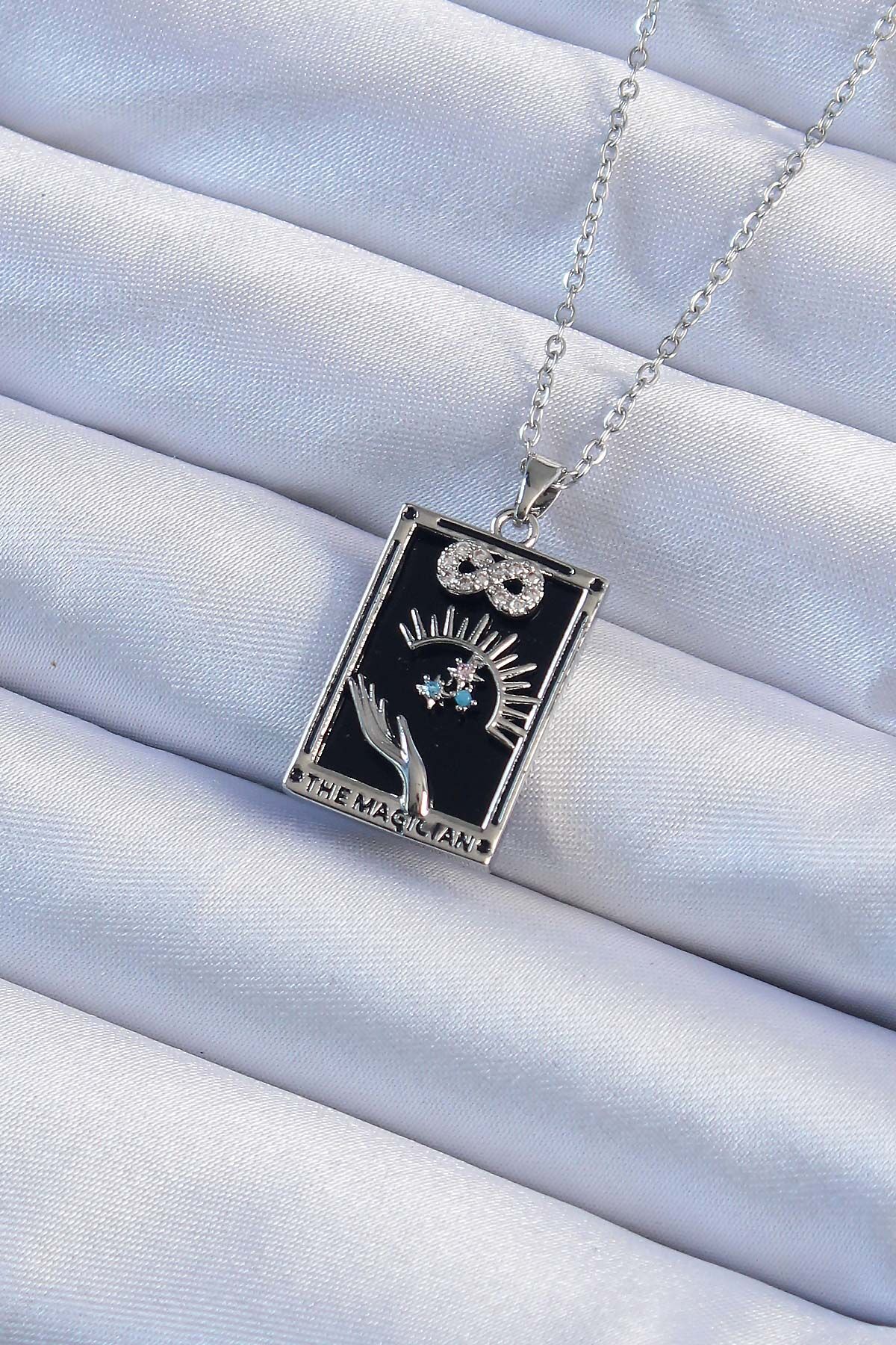 316L Çelik Özel Seri  Zincir Gümüş Renk Zirkon Taşlı Sonsuzluk Figürlü Tarot Kolye
