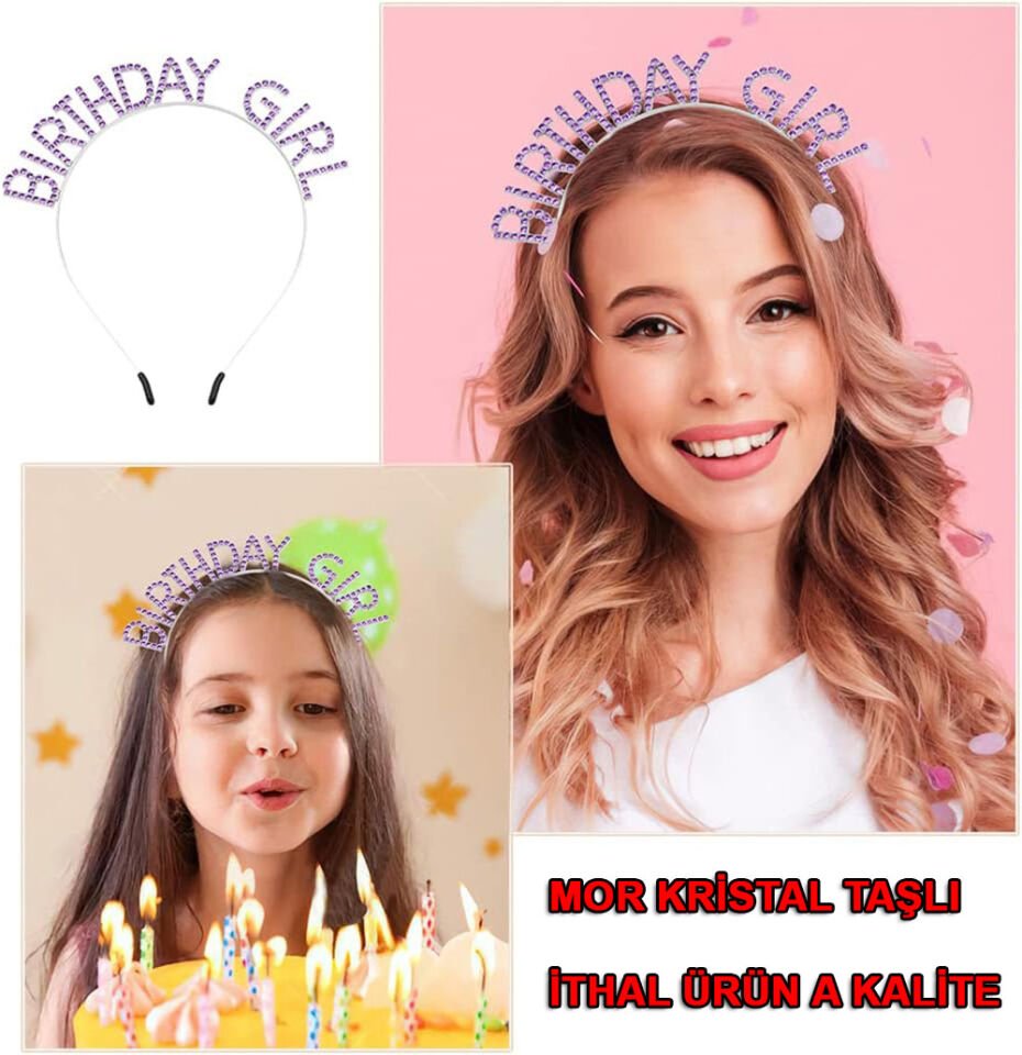 Mor Renk Kristal Taşlı Parlak Birthday Girl Yazılı Taç 16x17 cm