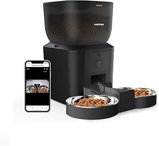 Haustier QQ025-Dual Kameralı Akıllı Kedi Köpek Otomatik Mama Kabı, App Uzaktan Kontrol, Sesle Çağırma, 480P Kamera, 4lt Hazne, Çift Metal Kase (Siyah)