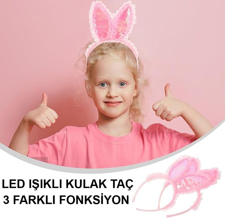 Kenarları Dantelli Pembe Pullu Payetli Led Işıklı Tavşan Kulak Taç 23x19 cm