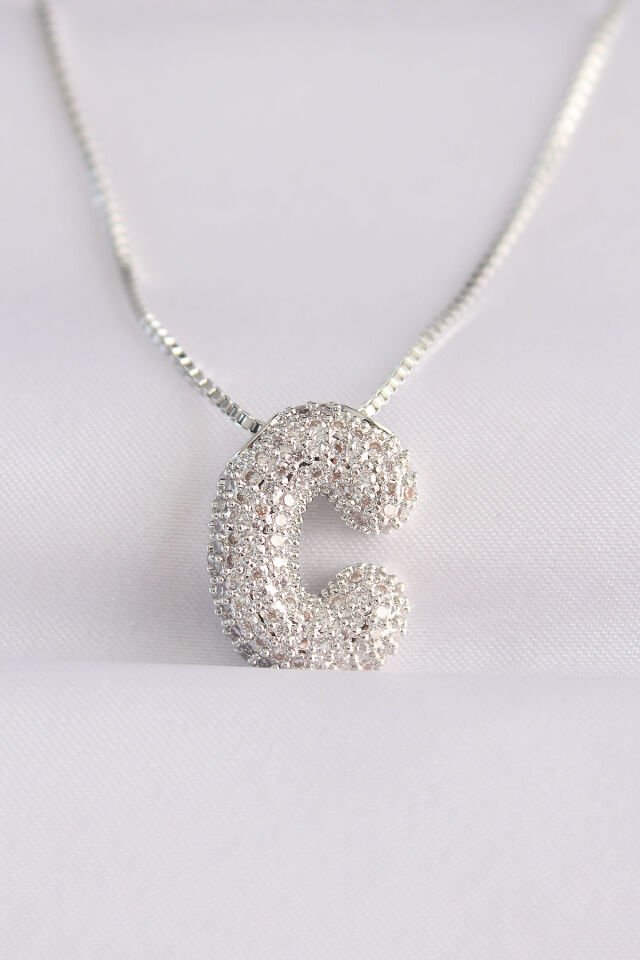 316L Çelik Özel Seri   Zincirli Zirkon Taşlı C Harfli Silver Renk Bubble Kolye