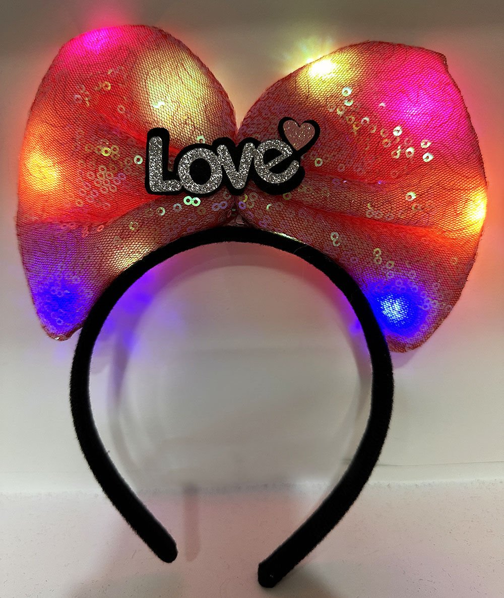 Led Işıklı 3 F.rklı Fonksiyonda Yanan Gümüş Love Yazılı Fuşya Pembe Fiyonk Taç 20X17 cm