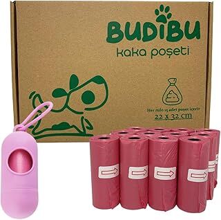 Budibu Kedi Köpek Kaka Poşeti Evcil Hayvan Dışkı Kaka Torbası Taşıma Kapsülü ve 12 Rulo (180 Poşet) (Pembe)