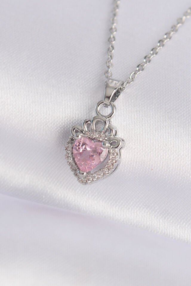 316L Çelik Özel Seri   Zincir Gümüş Renk Pembe Zirkon Taşlı Rapunzel Kolye