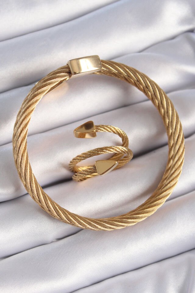 316L Çelik Özel Seri  Gold Renk Sarmal Model Erkek Bileklik Yüzük Kombini