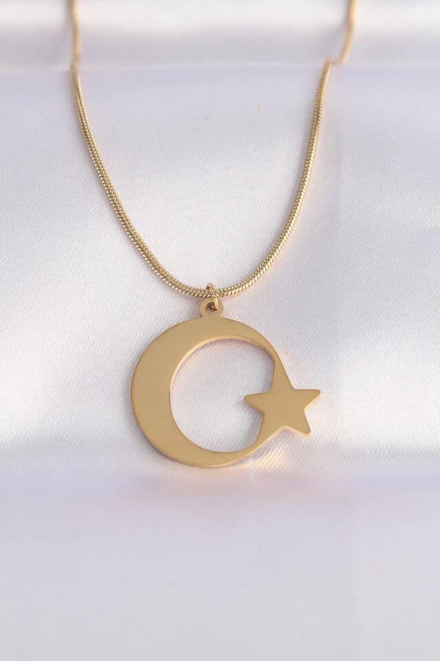 316L Çelik Özel Seri   Zincir Gold Renk Ay Unisex Kolye