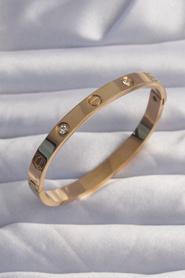 316L Çelik Baby Boy Gold Renk Zirkon Taşlı Model Kelepçe Bilezik