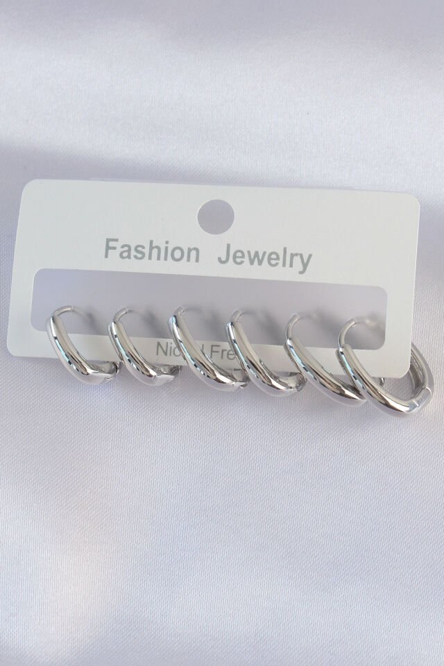 Pirinç  Gümüş Renk Oval Küpe Seti