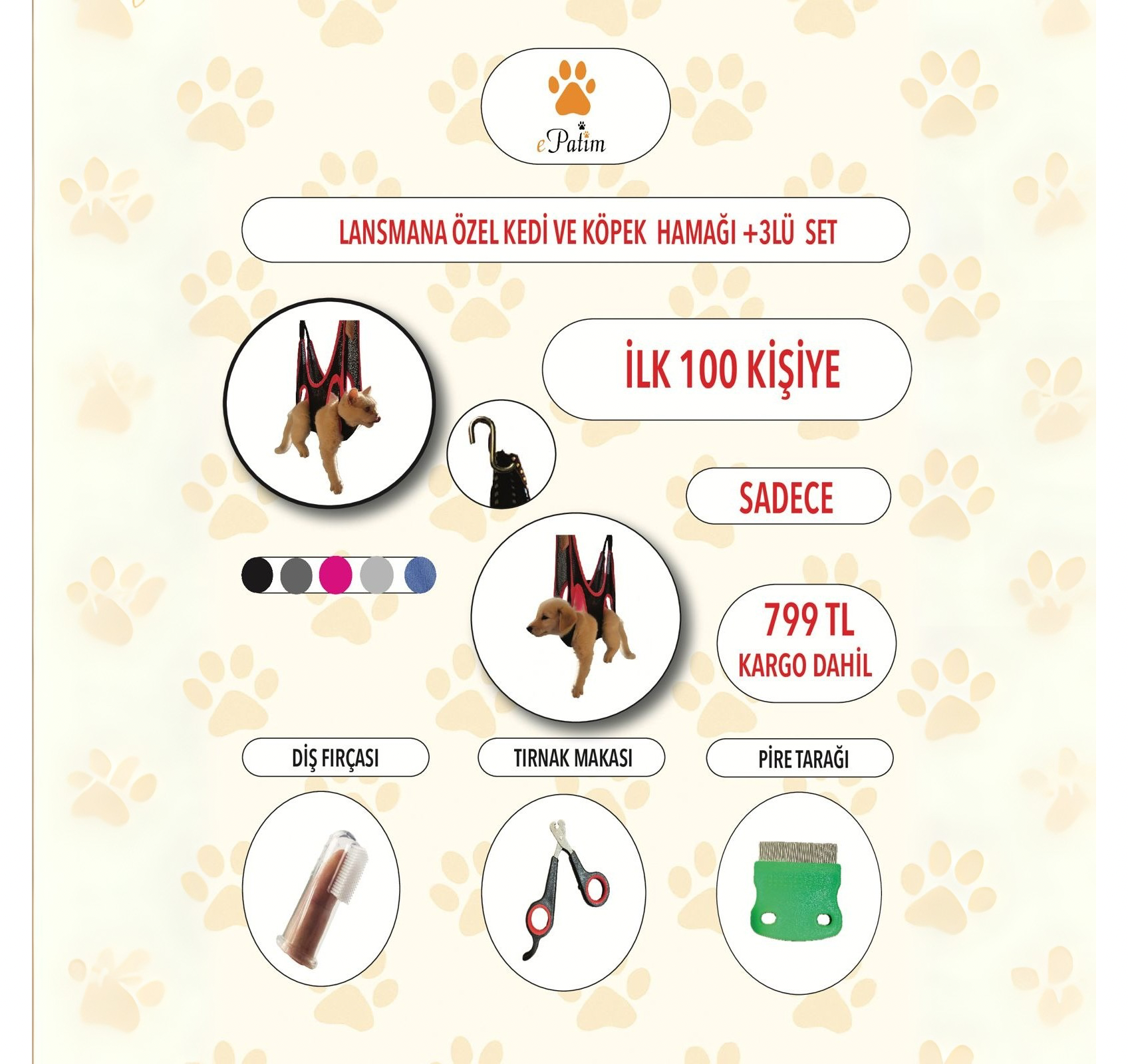 Kedi ve Köpek Bakım Hamağı + 3 lü set Koyu Gri - Xs