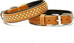Doggie Konforlu Gerçek Deriden El Yapımı Swarovski Kristal Taşlı Köpek Boyun Tasması, 2.5x37-45 cm, Açık Kahverengi (Camel)