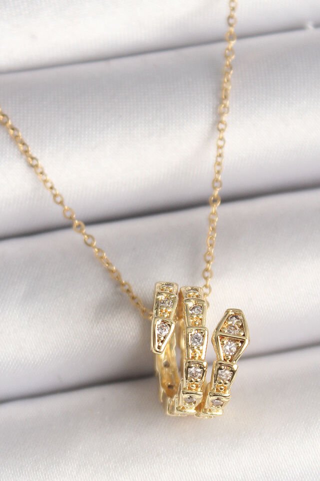 316L Çelik Gold Renk Zirkon Taşlı Yılan Model Kadın Kolye
