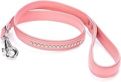 Doggie Flotter Gerçek Deriden El Yapımı Swarovski Kristal Taşlı Köpek Gezdirme Kayışı, 2.5x120 Cm, Pembe