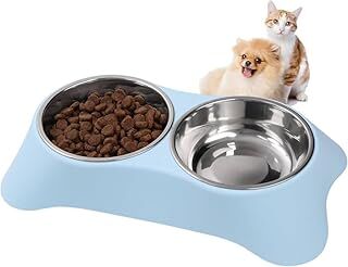 emey e-ticaret Çelik İki Bölmeli Kedi Köpek Mama Ve Su Kabı, İki Hazneli Kedi Köpek Mama Kabı, Yükseltilmiş Eğimli Mama Kabı Su Kabı (MAVİ)