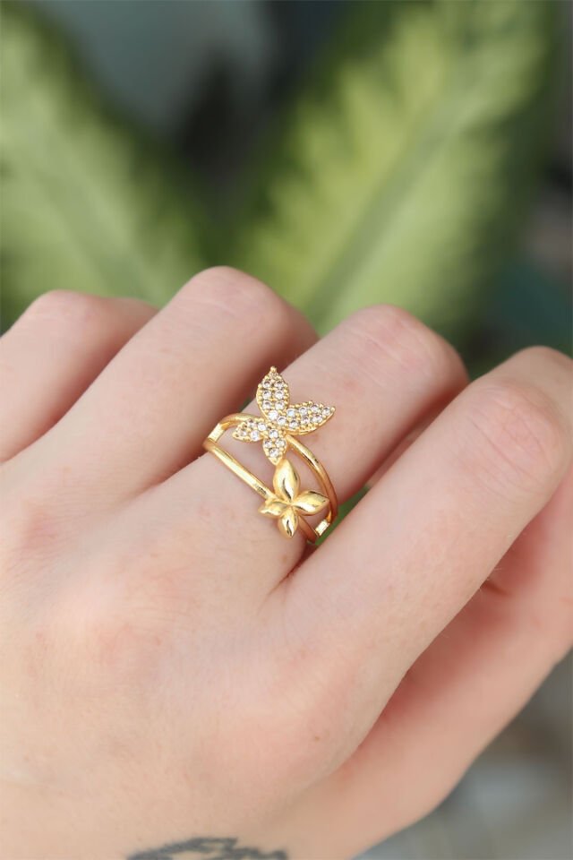 Pirinç  Gold Renk Ayarlanabilir Zirkon Taşlı Kelebek Yüzük