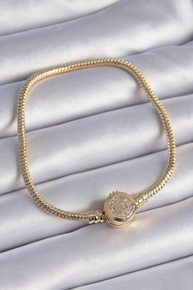 316L Çelik Özel Seri  Zincir Gold Renk Zirkon Taşlı Charm Model Kadın Bileklik
