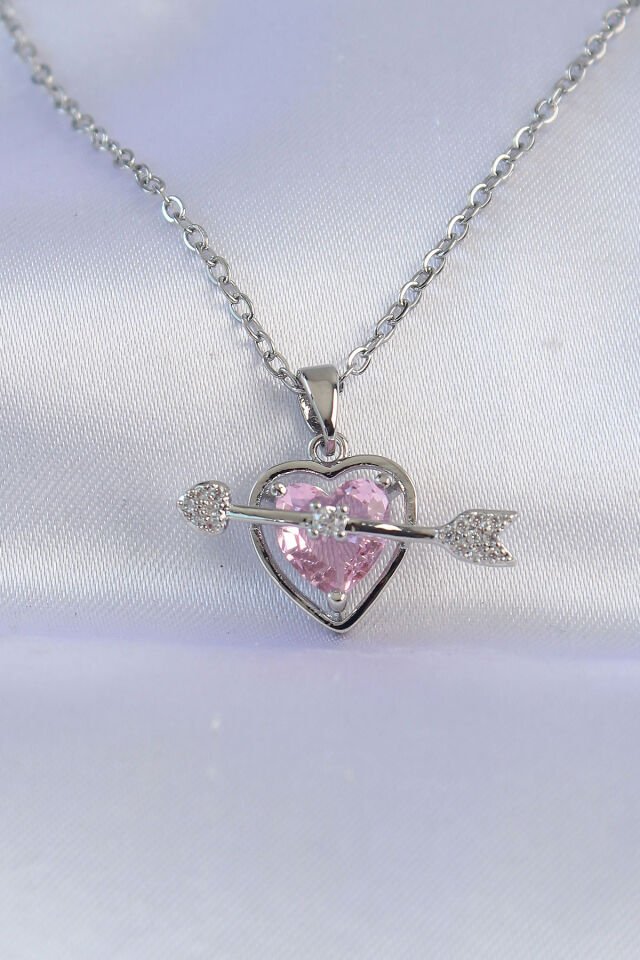316L Çelik Özel Seri   Zincir Gümüş Renk Pembe Zirkon Taşlı Eros Kolye