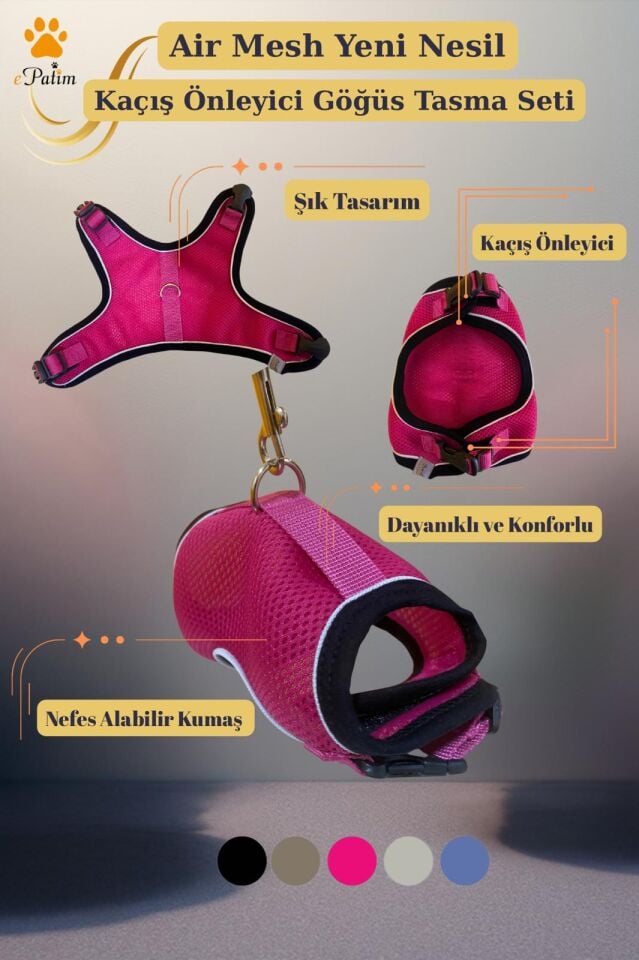 ePatim Yeni Nesil Nefes Alabilen Kedi Göğüs Tasması Seti Fuşya - S