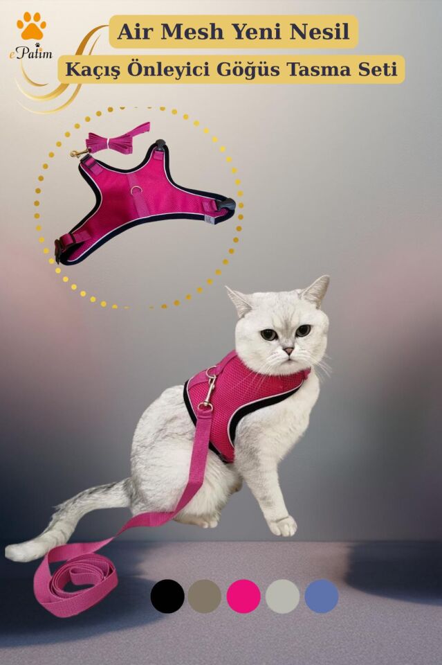 ePatim Yeni Nesil Nefes Alabilen Kedi Göğüs Tasması Seti Fuşya - S
