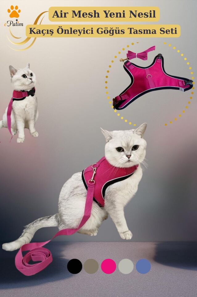 ePatim Yeni Nesil Nefes Alabilen Kedi Göğüs Tasması Seti Fuşya - S