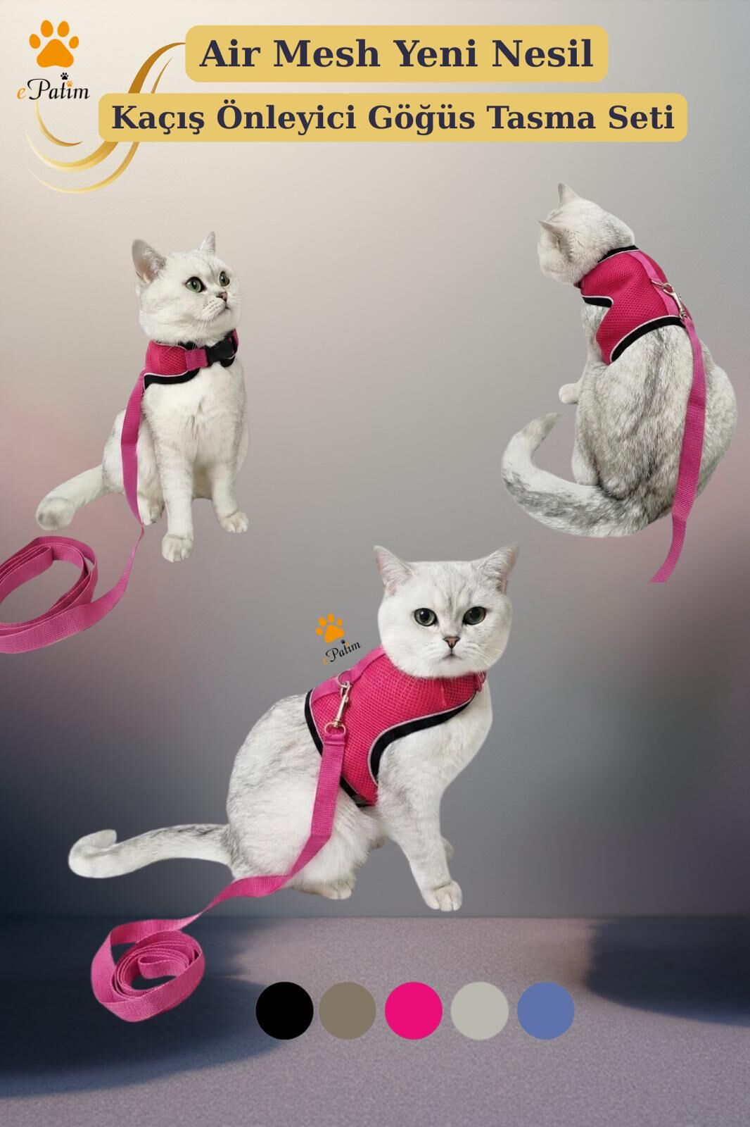 ePatim Yeni Nesil Nefes Alabilen Kedi Göğüs Tasması Seti Fuşya - S