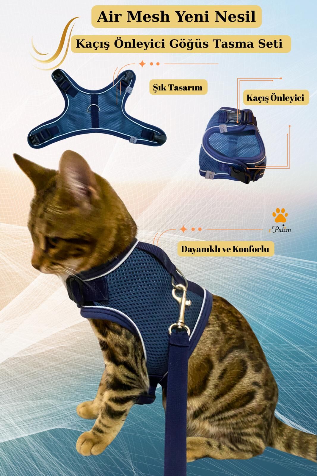 ePatim Yeni Nesil Nefes Alabilen Kedi Göğüs Tasması Seti İndigo - S