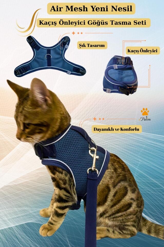 ePatim Yeni Nesil Nefes Alabilen Kedi Göğüs Tasması Seti İndigo - S