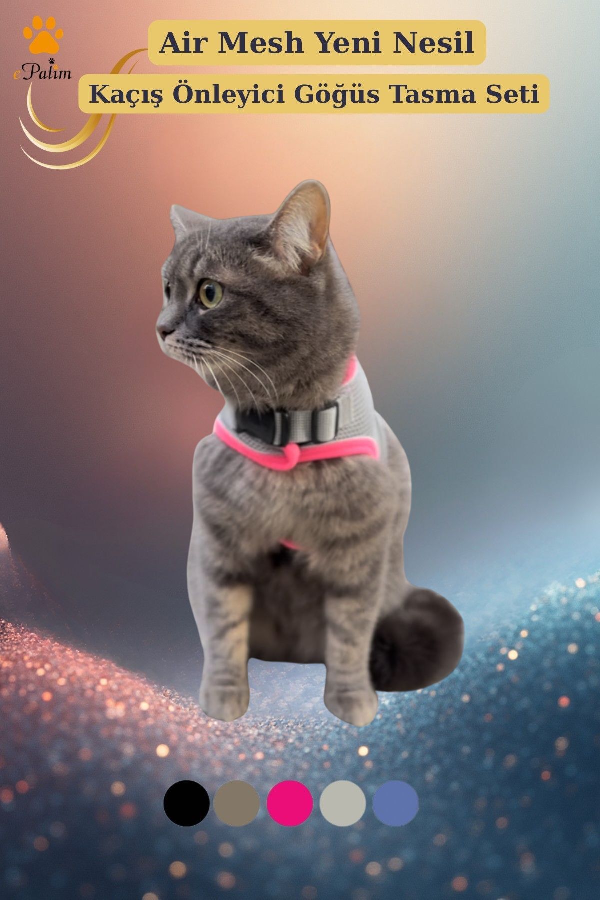 ePatim Yeni Nesil Nefes Alabilen Kedi Göğüs Tasması Seti Açık Gri - S