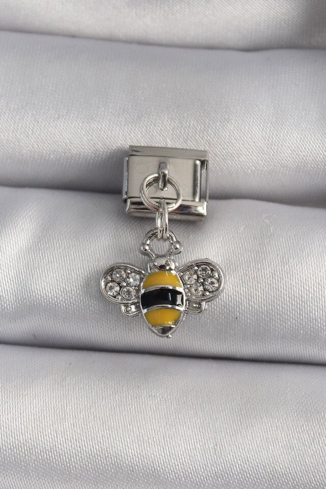 316L Çelik Gümüş Renk Sallantı Zirkon Taşlı Arı Model Nomination Charm