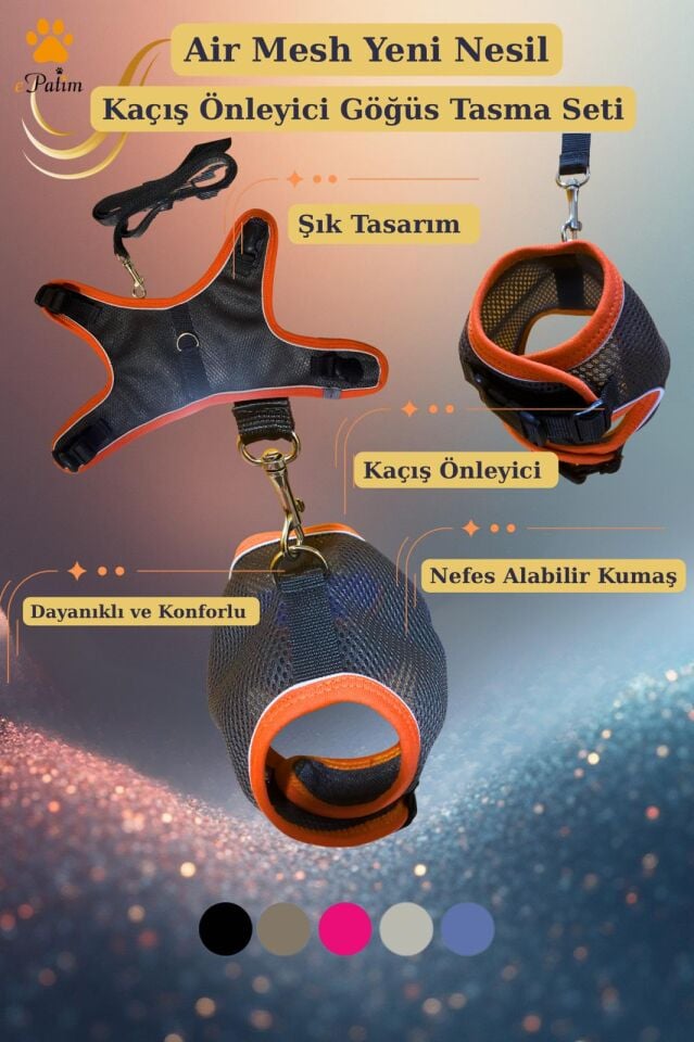 ePatim Yeni Nesil Nefes Alabilen Kedi Göğüs Tasması Seti Koyu Gri - M