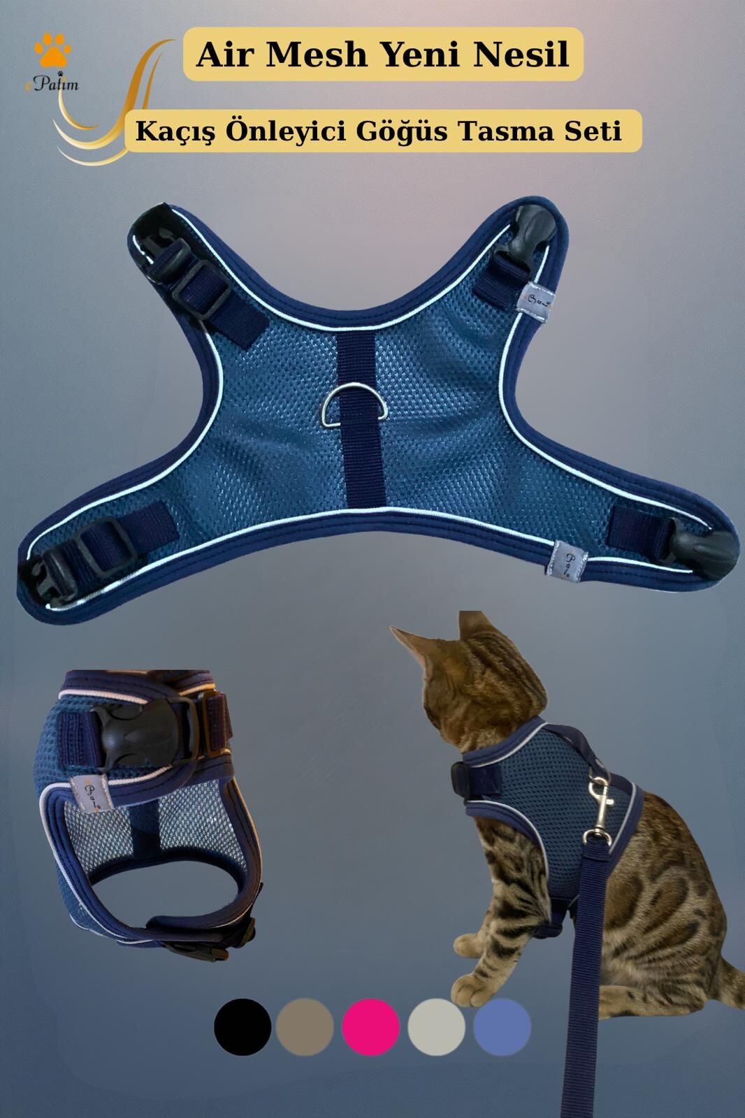 ePatim Yeni Nesil Nefes Alabilen Kedi Göğüs Tasması Seti İndigo - M