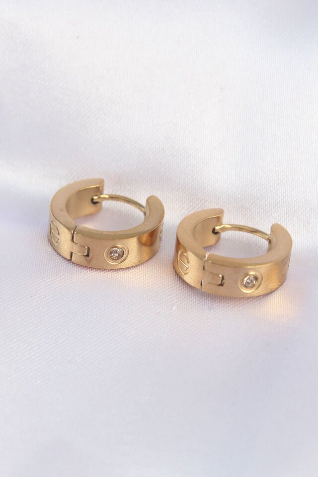 316L Çelik Özel Seri   Gold Renk Zirkon Taşlı Minimal Cartier Model Halka Küpe
