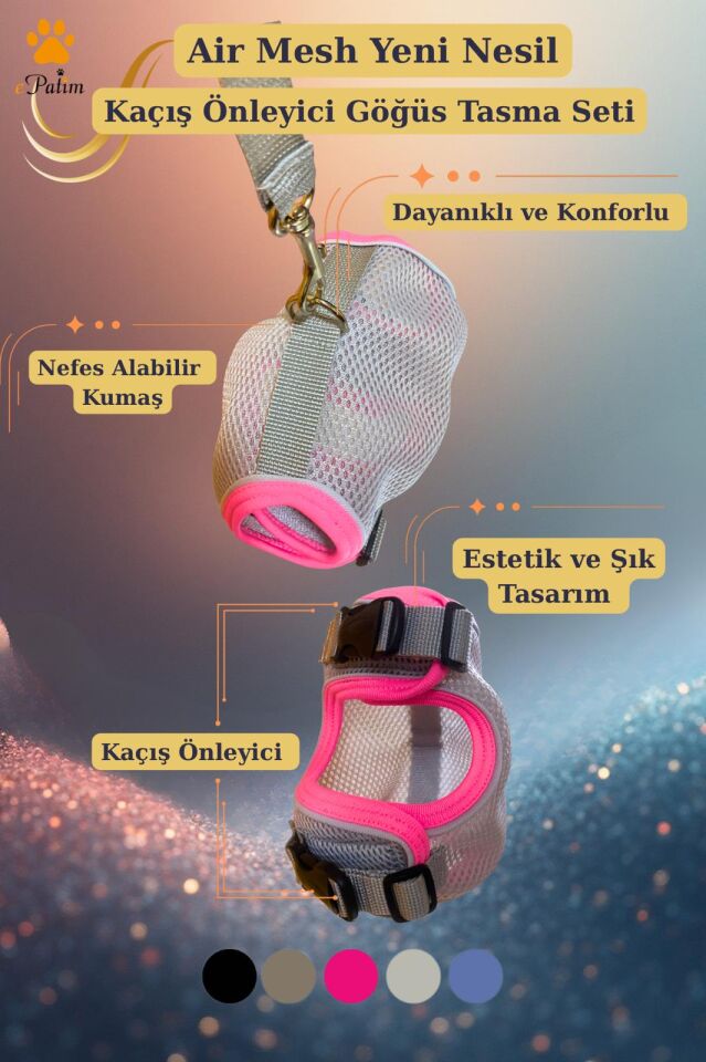 ePatim Yeni Nesil Nefes Alabilen Kedi Göğüs Tasması Seti Açık Gri - M