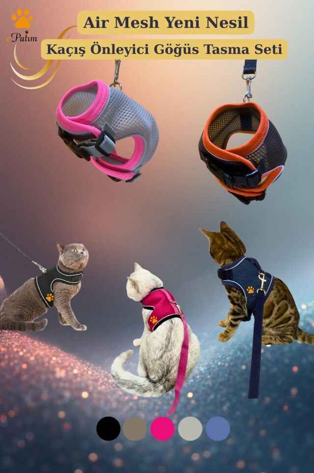 ePatim Yeni Nesil Nefes Alabilen Kedi Göğüs Tasması Seti Açık Gri - M