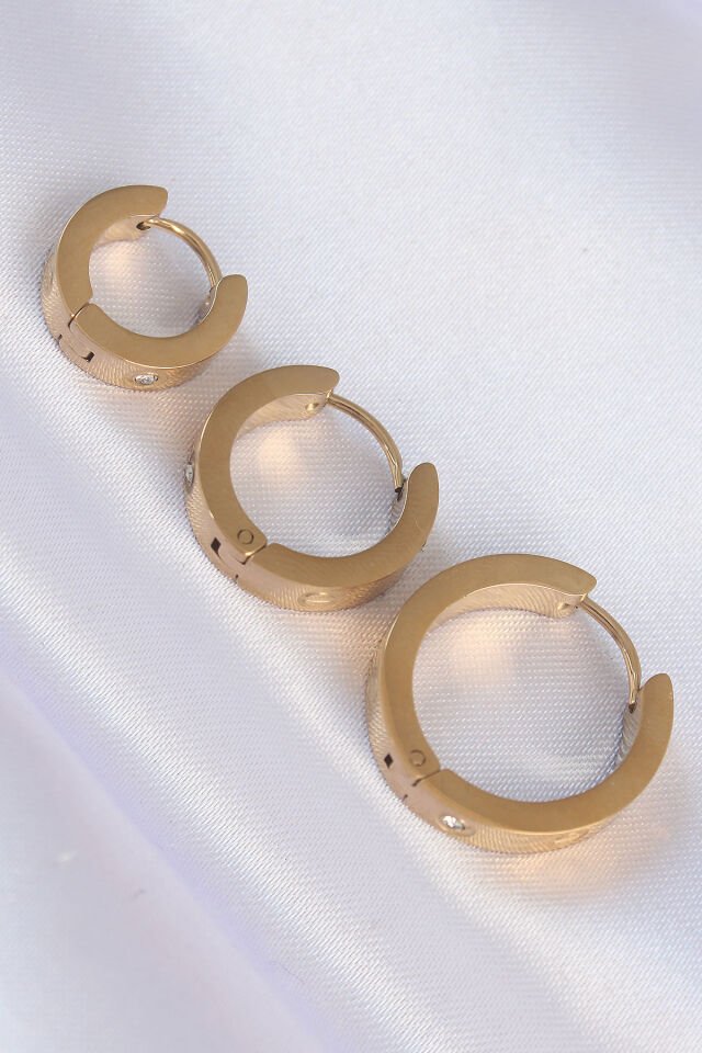 316L Çelik Özel Seri   Gold Renk Zirkon Taşlı Cartier Model 3lü Halka Küpe