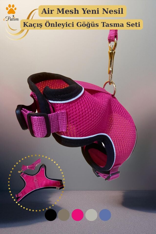 ePatim Yeni Nesil Nefes Alabilen Kedi Göğüs Tasması Seti Fuşya - L