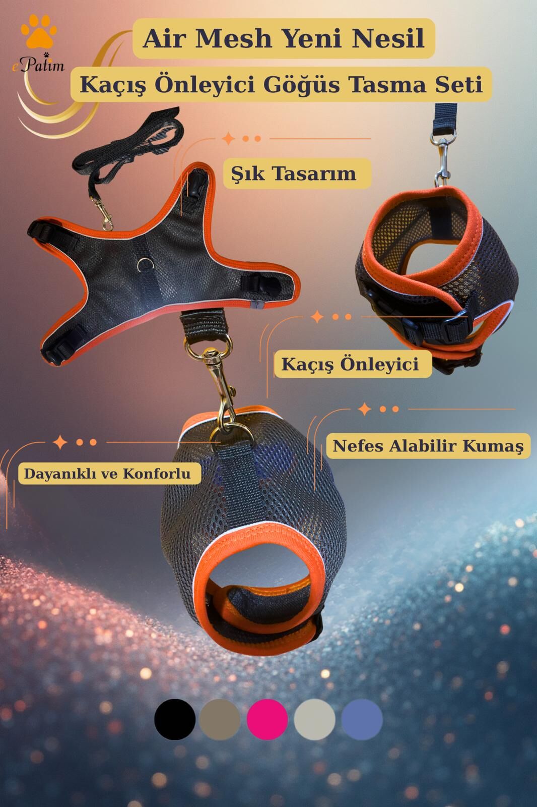 ePatim Yeni Nesil Nefes Alabilen Kedi Göğüs Tasması Seti Koyu Gri - L