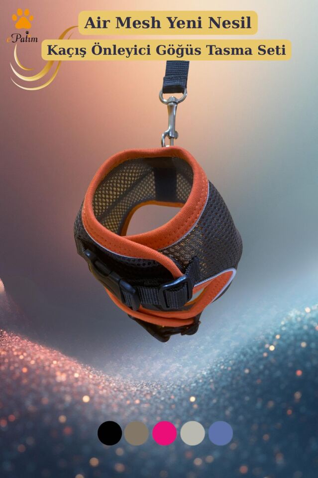 ePatim Yeni Nesil Nefes Alabilen Kedi Göğüs Tasması Seti Koyu Gri - L