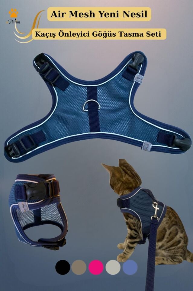 ePatim Yeni Nesil Nefes Alabilen Kedi Göğüs Tasması Seti İndigo - L