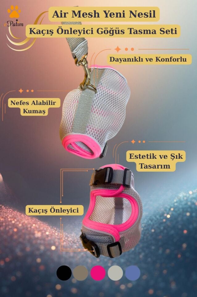 ePatim Yeni Nesil Nefes Alabilen Kedi Göğüs Tasması Seti Açık Gri - L