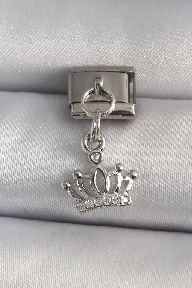316L Çelik Gümüş Renk Sallantı Zirkon Taşlı Model Nomination Charm