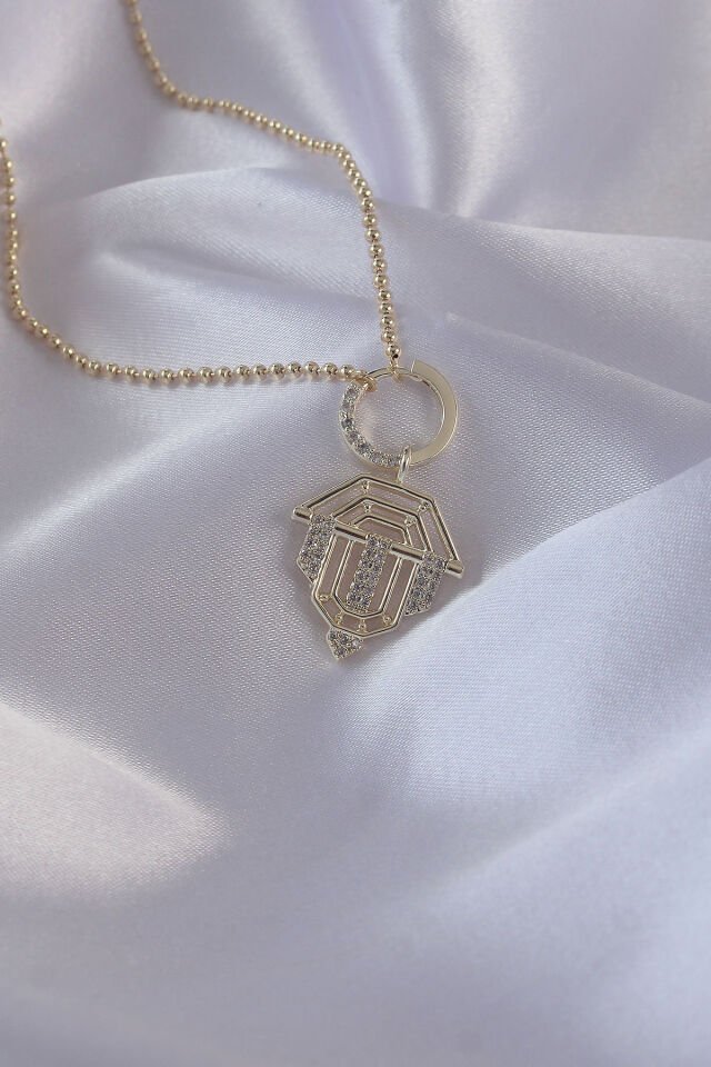 Pirinç  Zirkon Taşlı Gold Renk Oval Detaylı Serenay Kolyesi