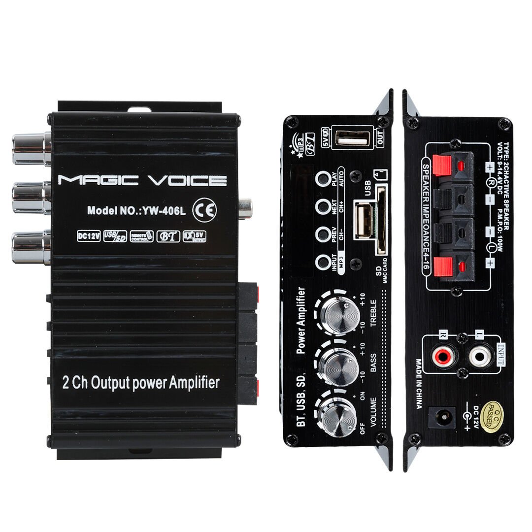 YW-406L 12 VOLT 100 WATT MOTOSİKLET BLUETOOTH AMFİ USB/SD 2 KANAL PAZARCI - ANFİ (154X80X42MM)