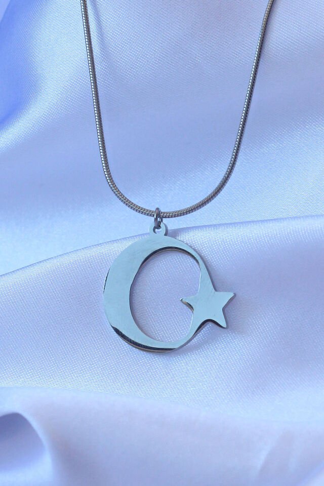 316L Çelik Özel Seri   Gümüş Renk Ay Model Unisex Kolye