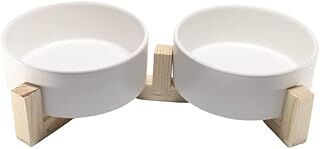 Yılmazel Kedi Mama Su Kabı Ahşap Standı ve Seramik Kasesi Yavru Evcil Hayvan Minimalist Design (Beyaz, Çiftli)