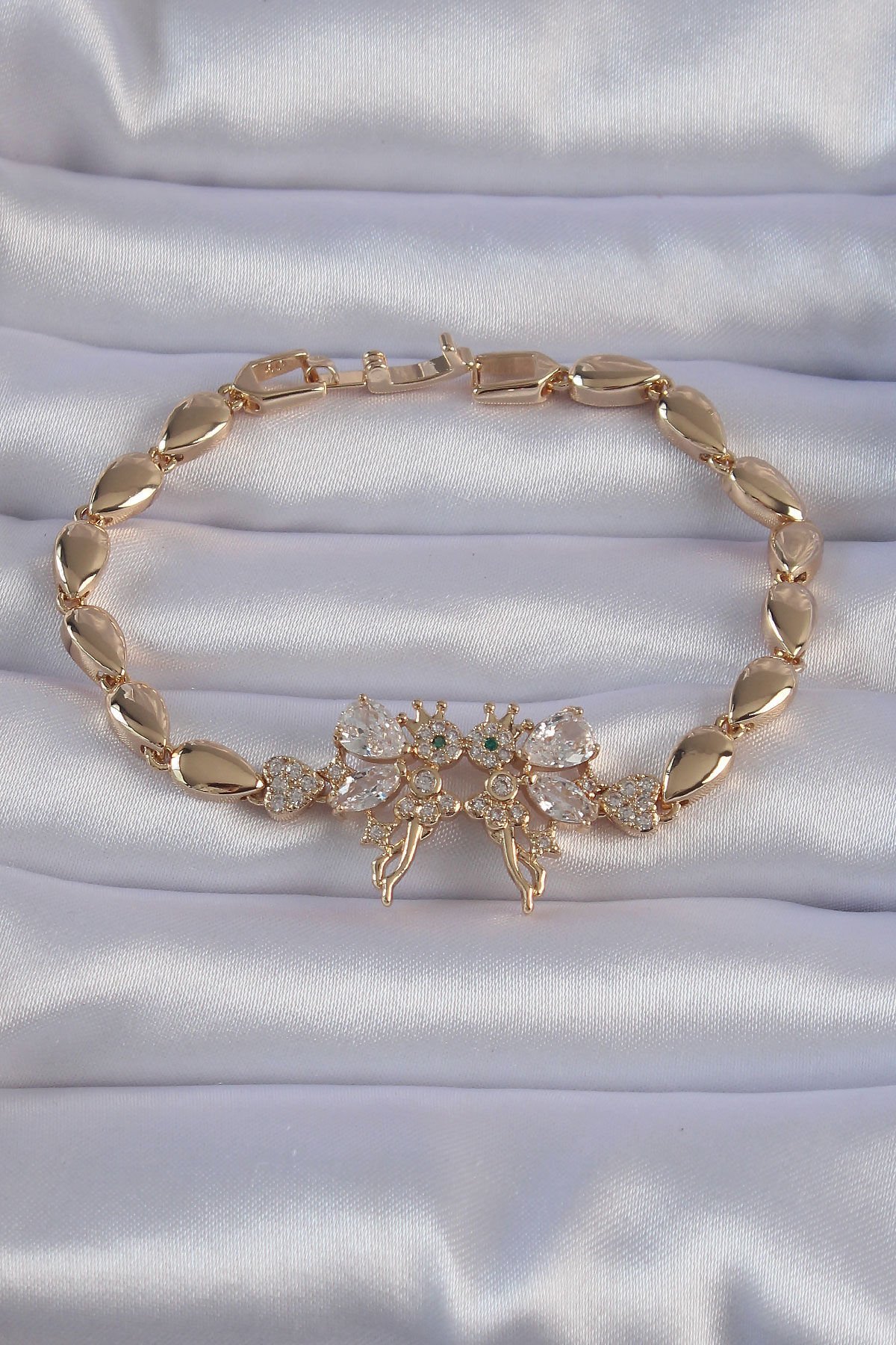 Pirinç  Gold Renk Zirkon Taşlı Tinkerbell Figürlü Damla Model Bileklik