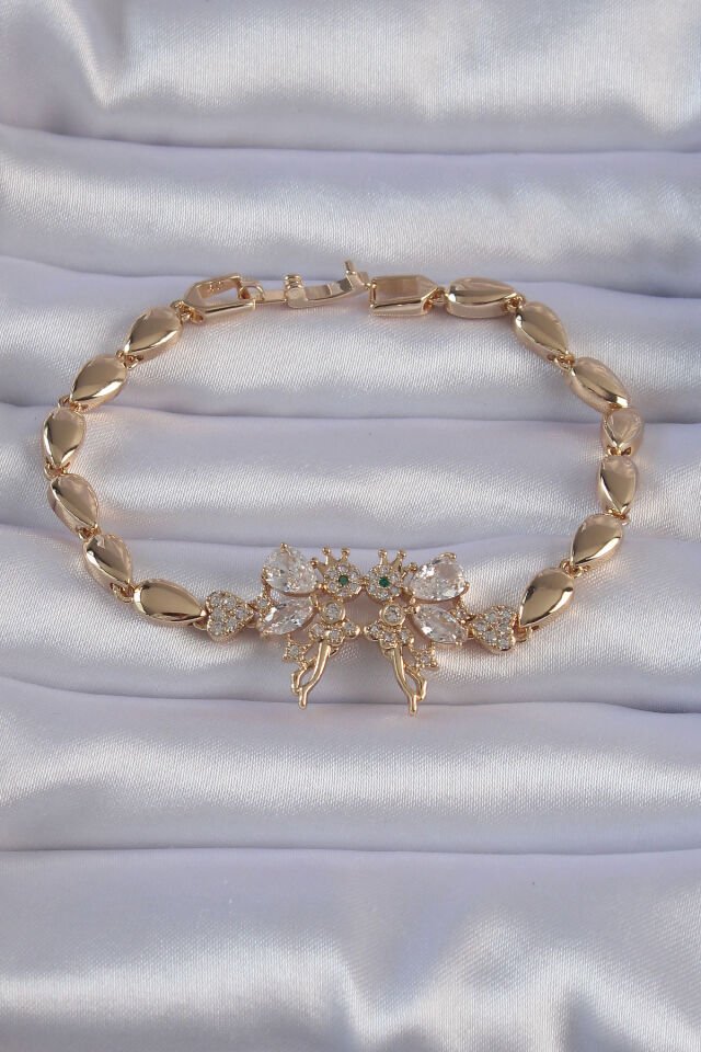 Pirinç  Gold Renk Zirkon Taşlı Tinkerbell Figürlü Damla Model Bileklik