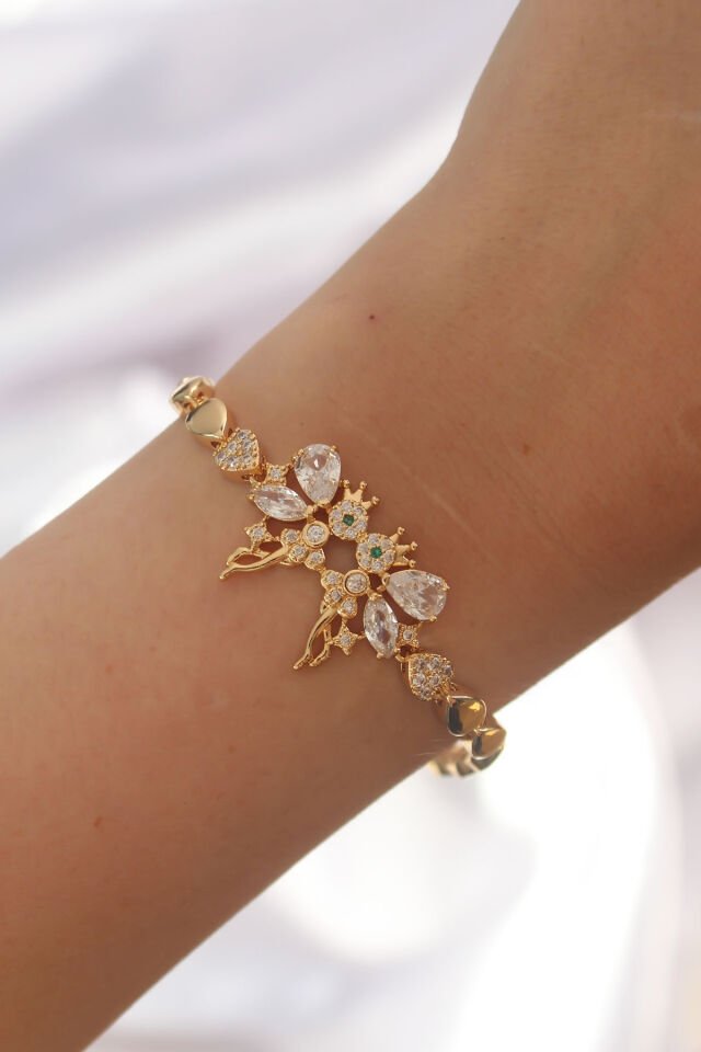 Pirinç  Gold Renk Zirkon Taşlı Tinkerbell Figürlü Damla Model Bileklik
