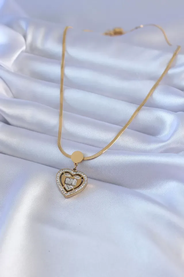 316L Çelik Özel Seri    Gold Renk İtalyan Zincir Model  Zirkon Taşlı Kalp Model Kadın Kolye