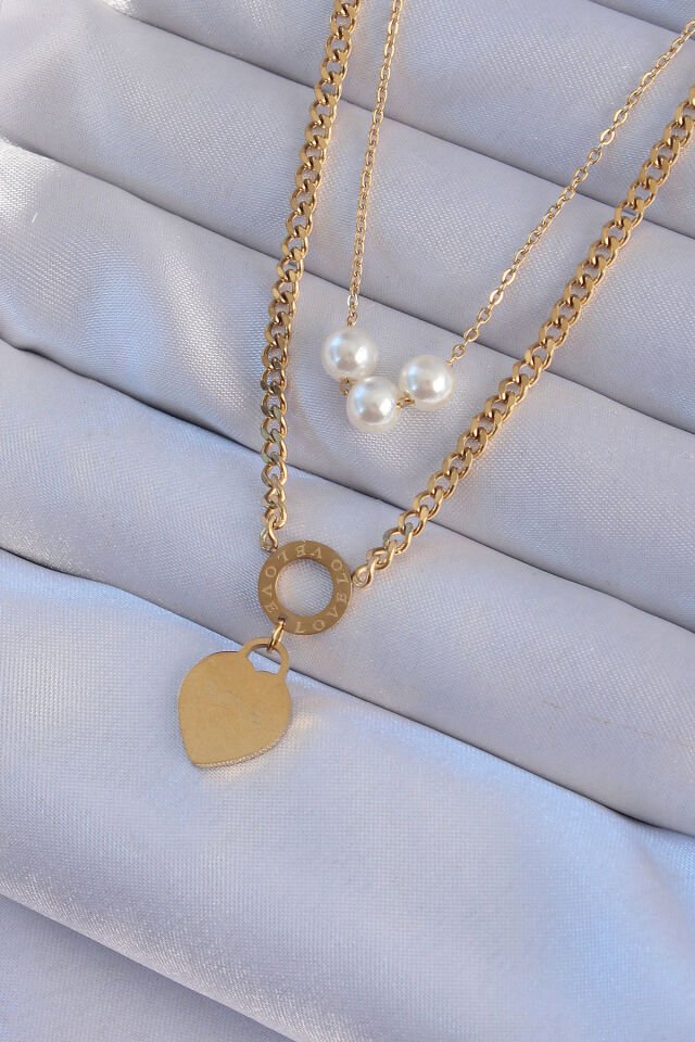 316L Çelik Özel Seri  Gold Renk Çift Zincir İnci Detayı Love Kalp Kolye