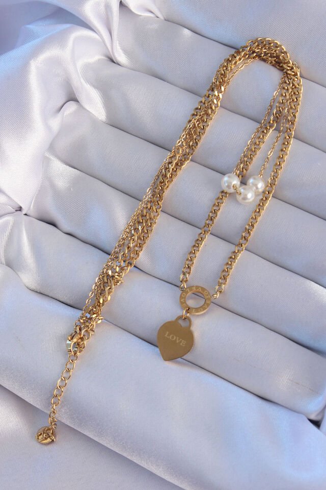 316L Çelik Özel Seri  Gold Renk Çift Zincir İnci Detayı Love Kalp Kolye